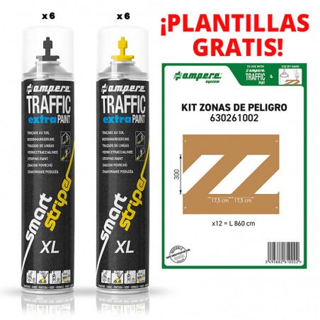 Señalización Zonas de peligro – 2 cajas de Pintura para suelo y 1 Kit de Plantillas